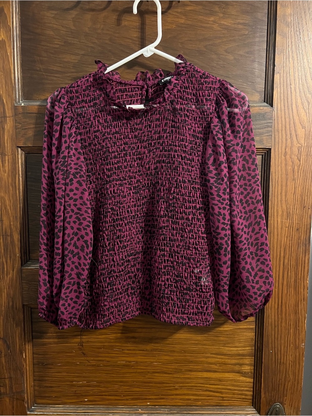 Express Women's Burgundy Smocked Animal Print Blouse